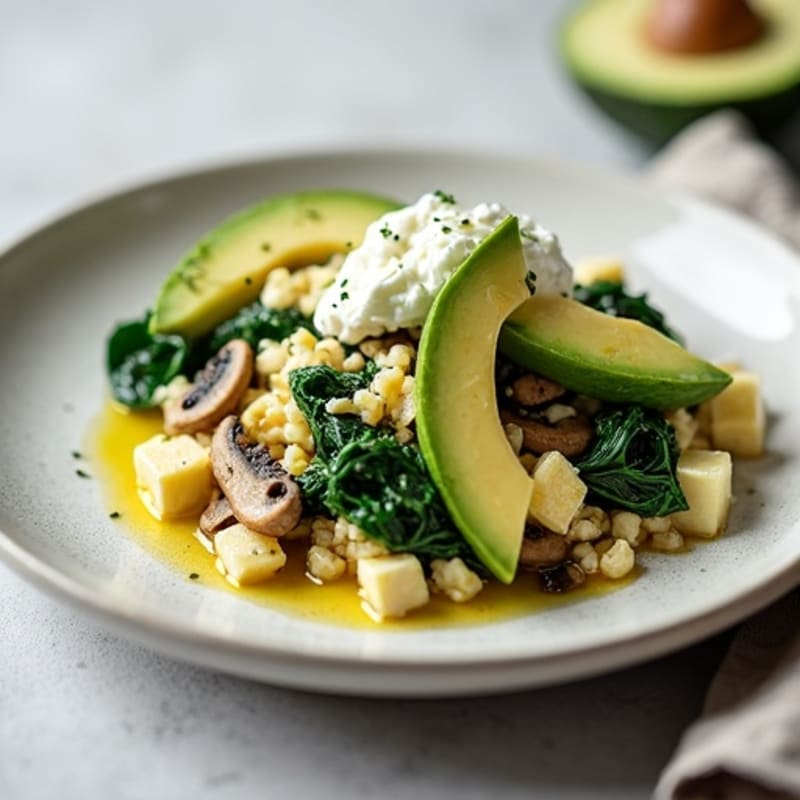 Egg White Spinach Scramble with Cottage Cheese and Sautéed Mushrooms