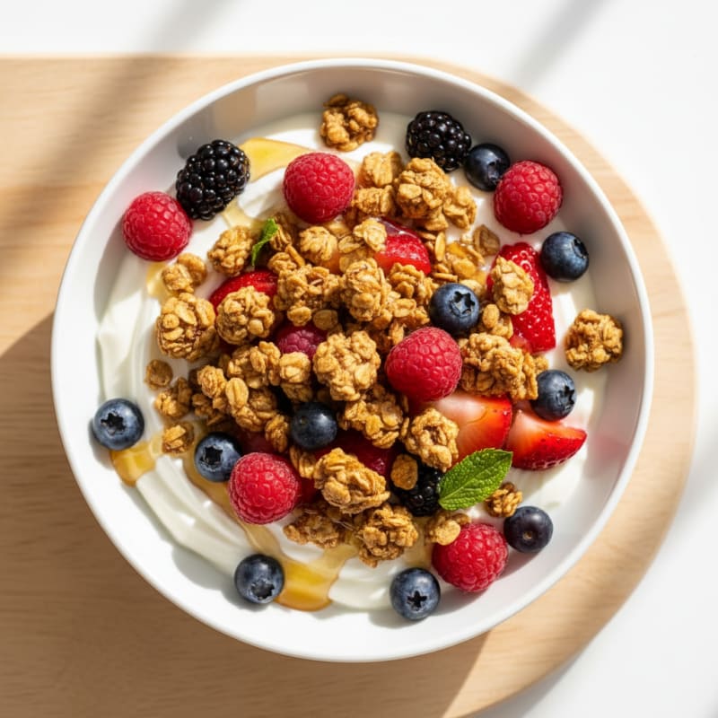 Creamy Greek Yogurt Bowl with Protein Granola and Mixed Berries