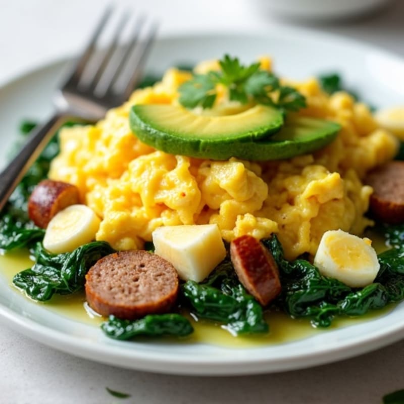 Cottage Cheese Egg Scramble with Spinach and Turkey Sausage