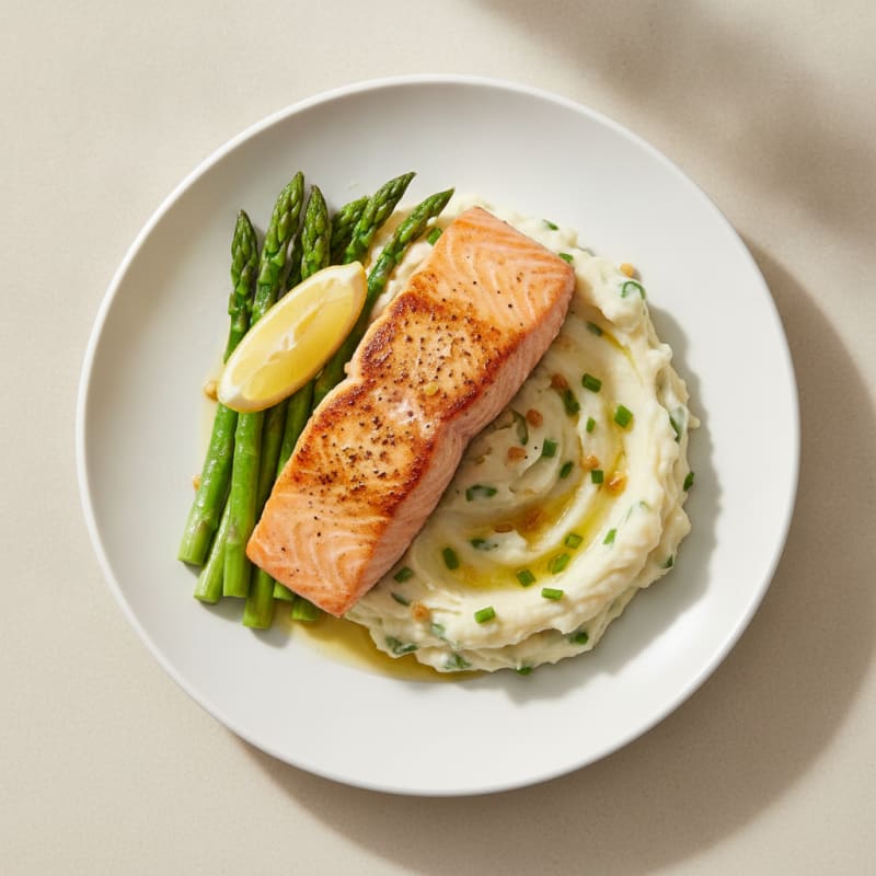 Seared Salmon with Steamed Asparagus and Garlic Mashed Potatoes