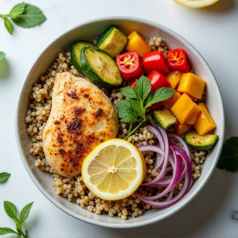 Lemon-Herb Roasted Chicken and Veggie Quinoa Bowl