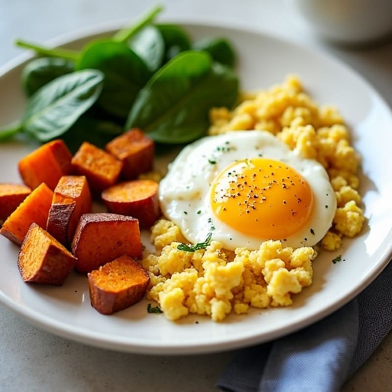 Cottage Cheese Egg Scramble with Roasted Sweet Potatoes