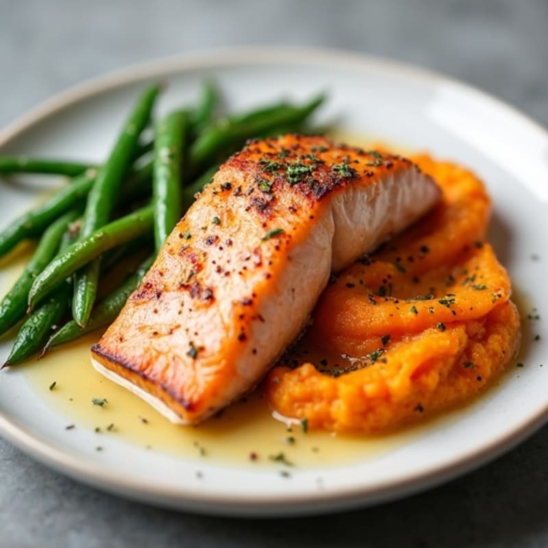 Seared Salmon with Garlic Green Beans and Sweet Potato Mash