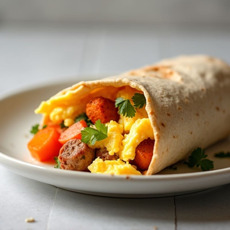 Lean Turkey Sausage, Scrambled Egg, and Roasted Sweet Potato Burrito
