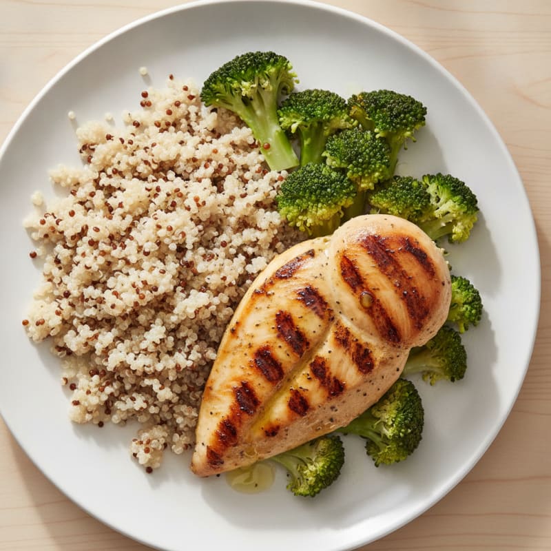 Grilled Lemon Chicken Breast with Quinoa and Steamed Broccoli