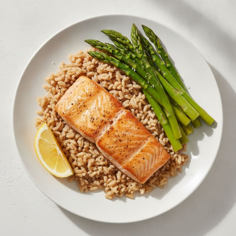 Seared Salmon Fillet with Steamed Asparagus and Brown Rice