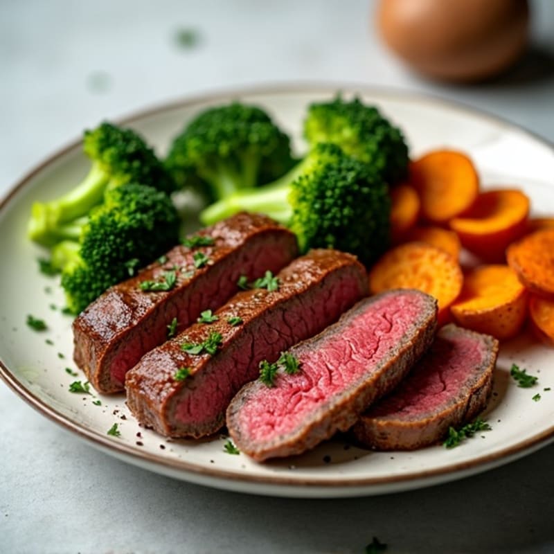 Seared Lean Beef Strips with Roasted Broccoli and Sweet Potato