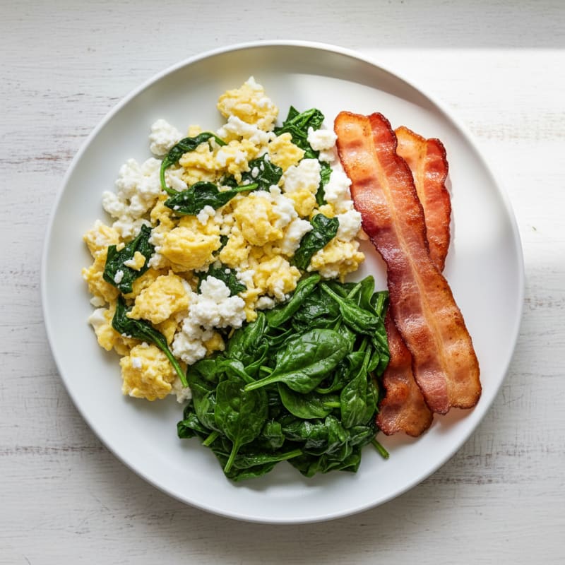 Cottage Cheese Scramble with Sautéed Spinach and Turkey Bacon
