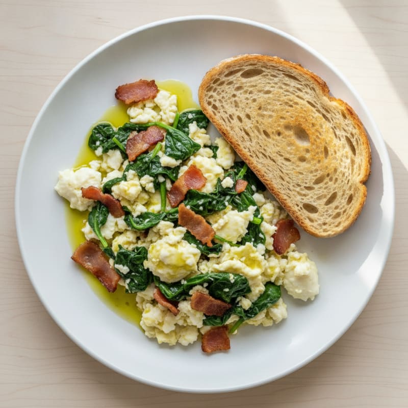 Crispy Turkey Bacon and Egg White Scramble with Sautéed Spinach