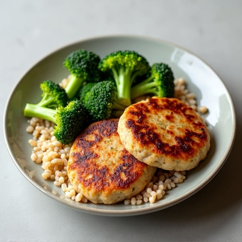 Seared Turkey Patties with Steamed Broccoli and Brown Rice