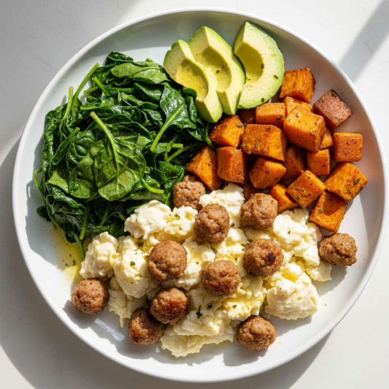 Scrambled Egg Whites with Turkey Sausage and Sautéed Spinach