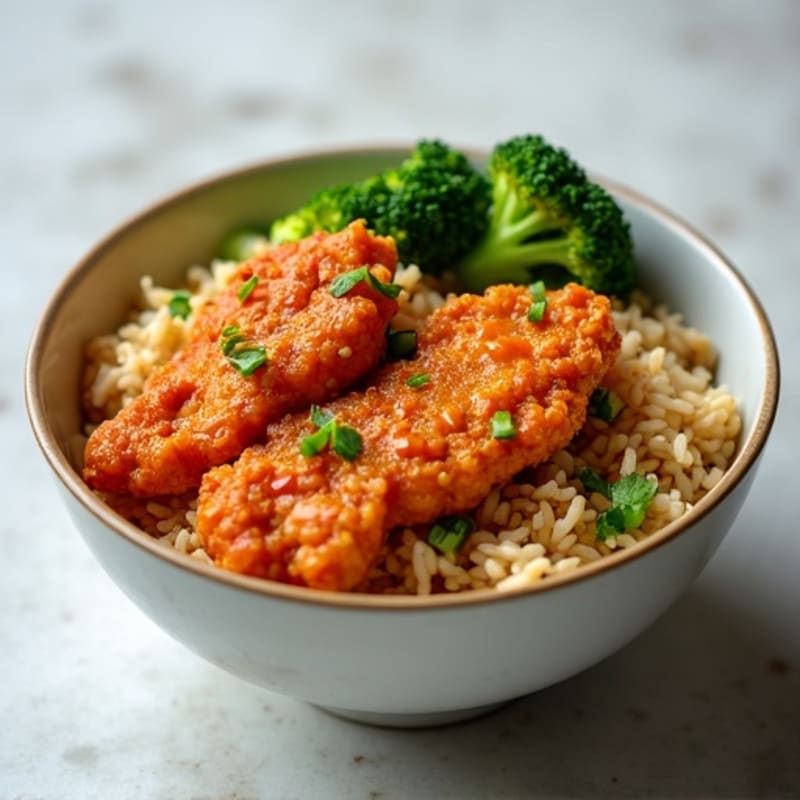 Crispy Bang Bang Chicken with Ginger Broccoli Rice Bowl