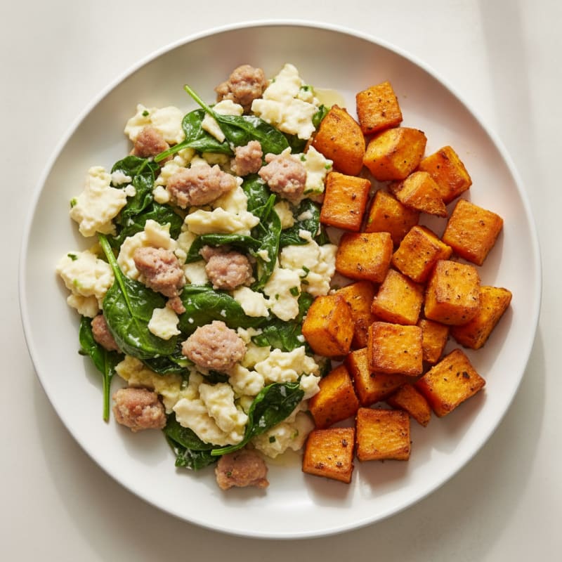 Egg White and Turkey Sausage Scramble with Spinach and Roasted Sweet Potato