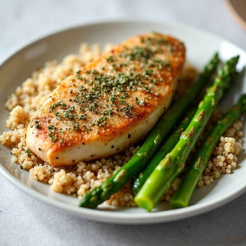 Herb-Crusted Chicken Breast with Roasted Asparagus and Quinoa