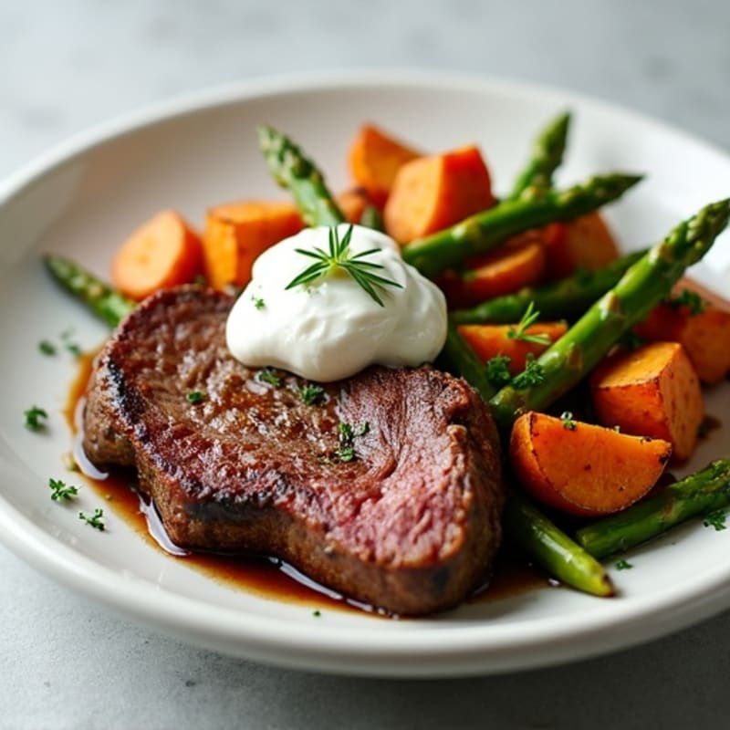 Herb-Roasted Lamb with Roasted Asparagus and Sweet Potatoes
