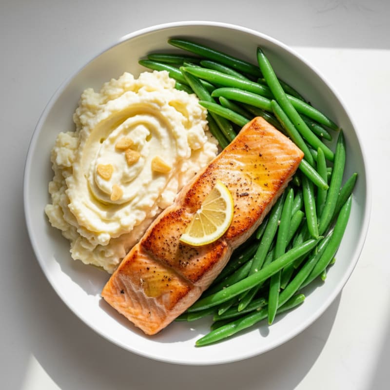 Seared Salmon with Steamed Green Beans and Garlic Mashed Cauliflower