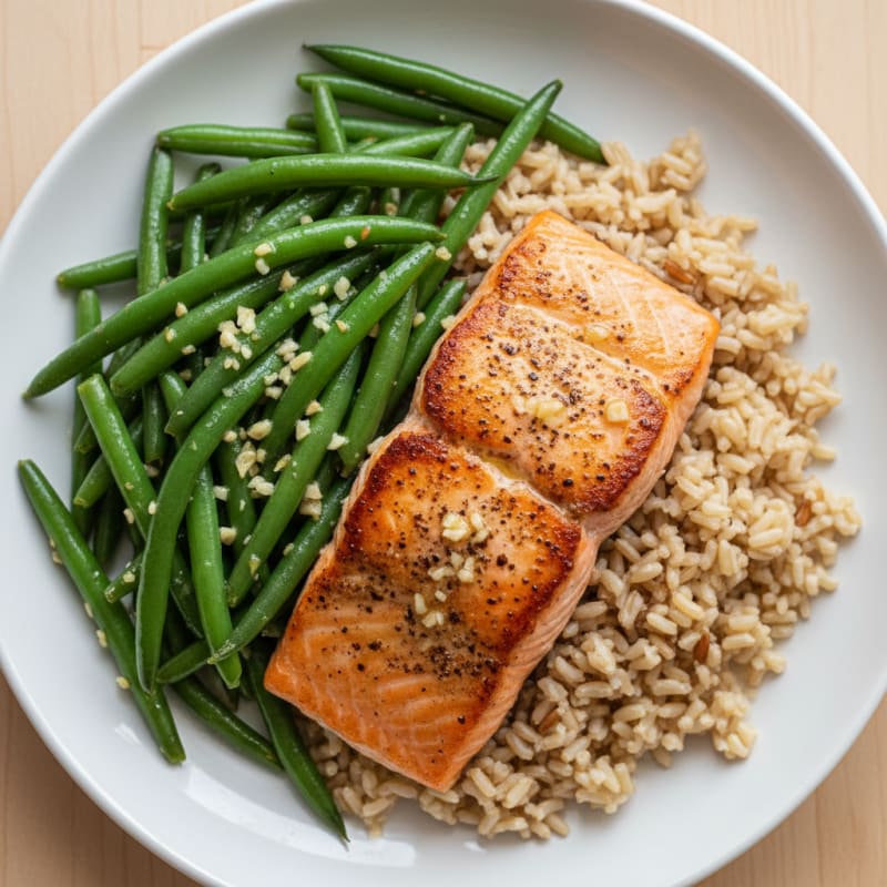 Seared Salmon with Garlic Green Beans and Brown Rice