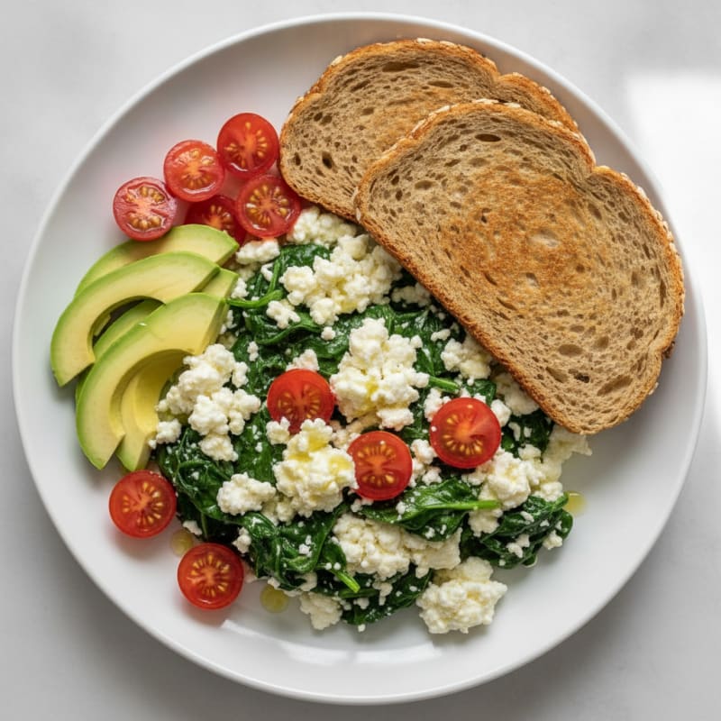 Cottage Cheese Egg White Scramble with Spinach and Cherry Tomatoes
