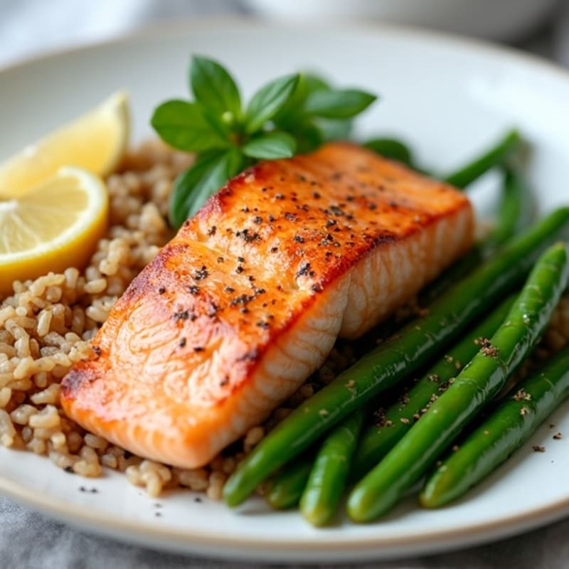 Seared Salmon with Steamed Green Beans and Brown Rice