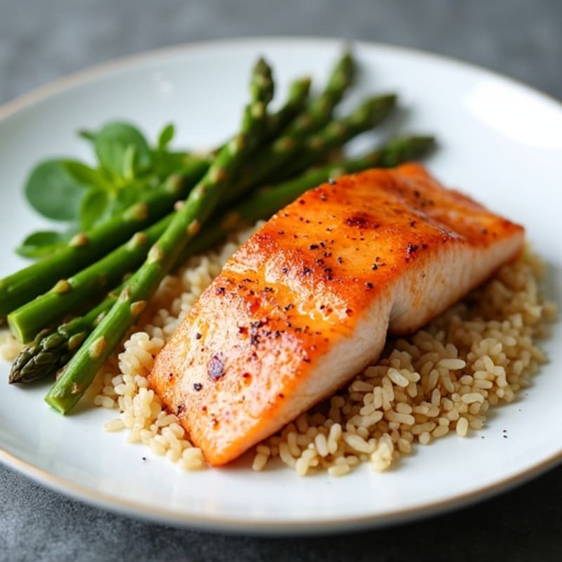 Seared Salmon Fillet with Steamed Asparagus and Brown Rice