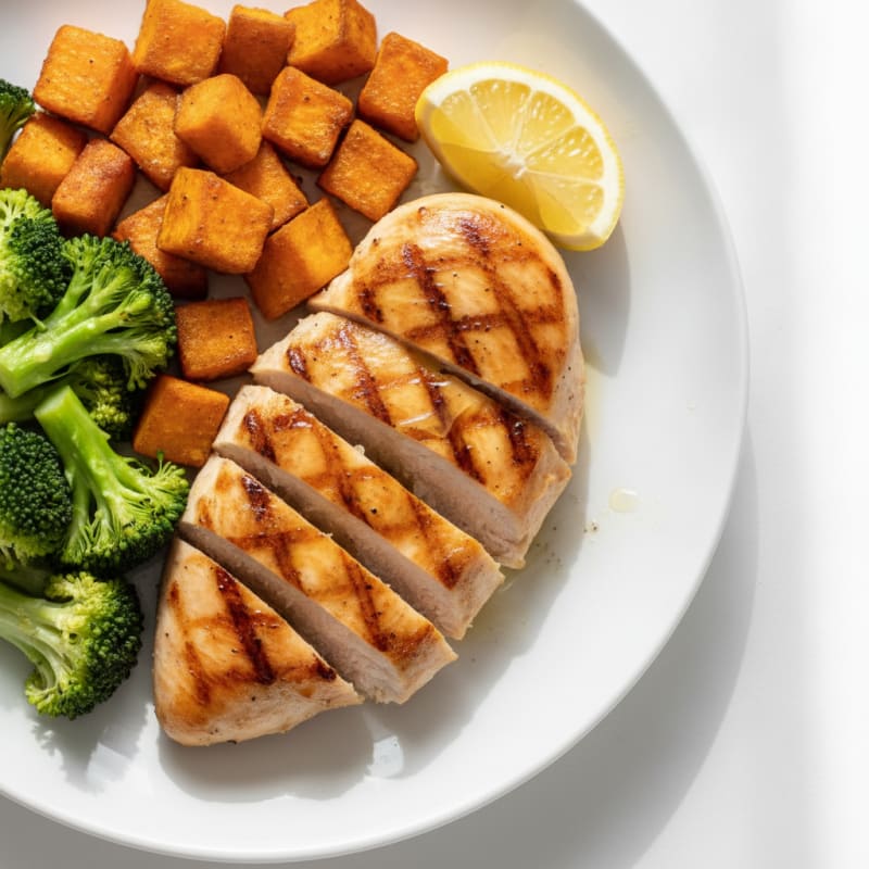 Grilled Chicken Breast with Roasted Sweet Potato and Steamed Broccoli