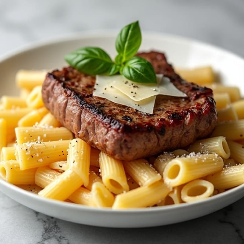 Seared Steak with Creamy Rigatoni and Shaved Parmesan