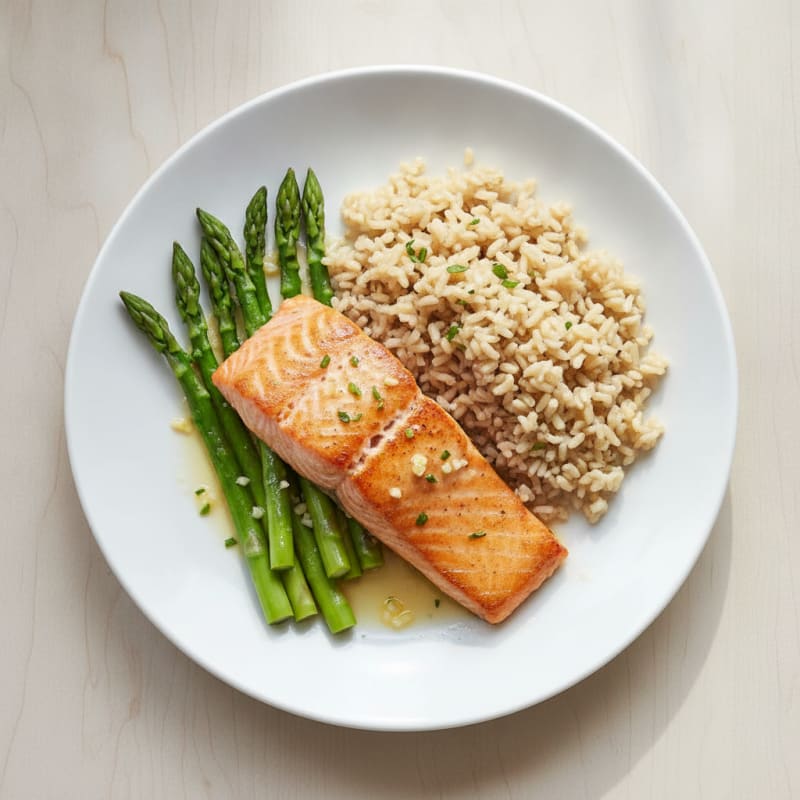 Seared Salmon Fillet with Steamed Asparagus and Brown Rice