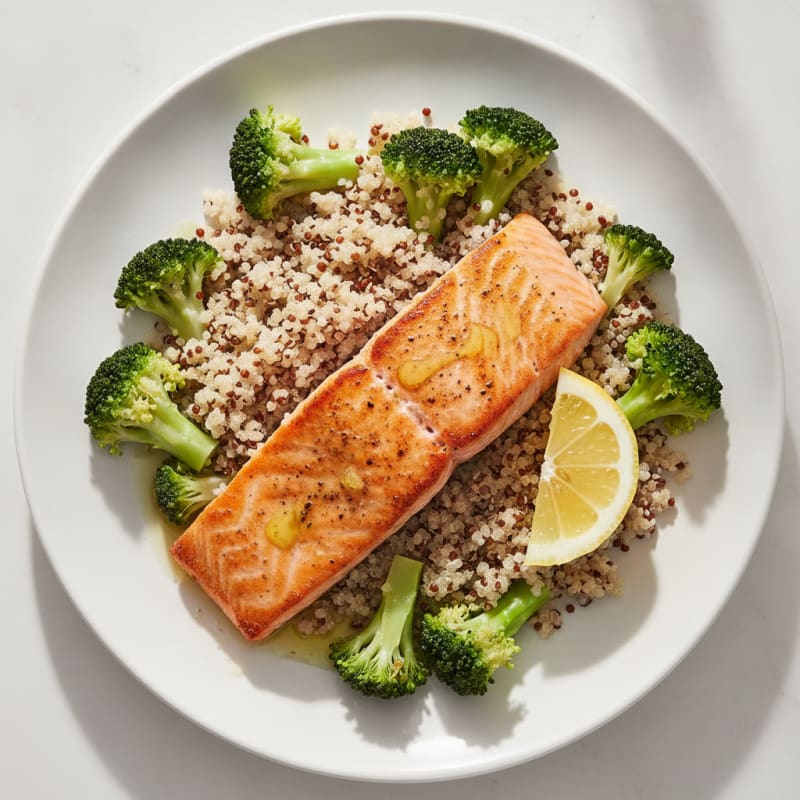 Seared Salmon with Steamed Broccoli and Quinoa