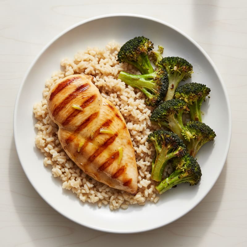 Grilled Chicken Breast with Brown Rice and Roasted Broccoli