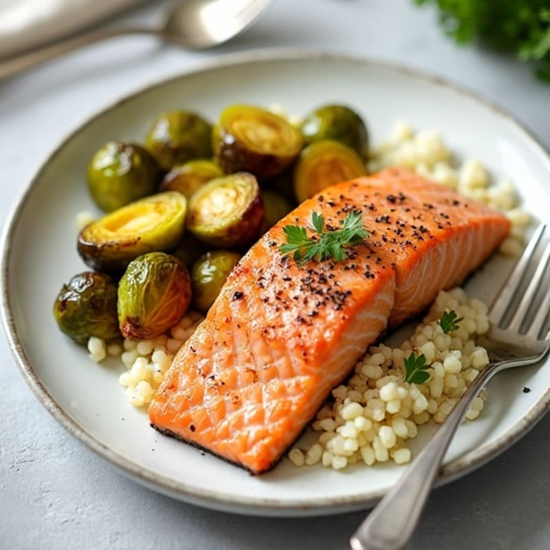Seared Salmon with Roasted Brussels Sprouts and Cauliflower Rice
