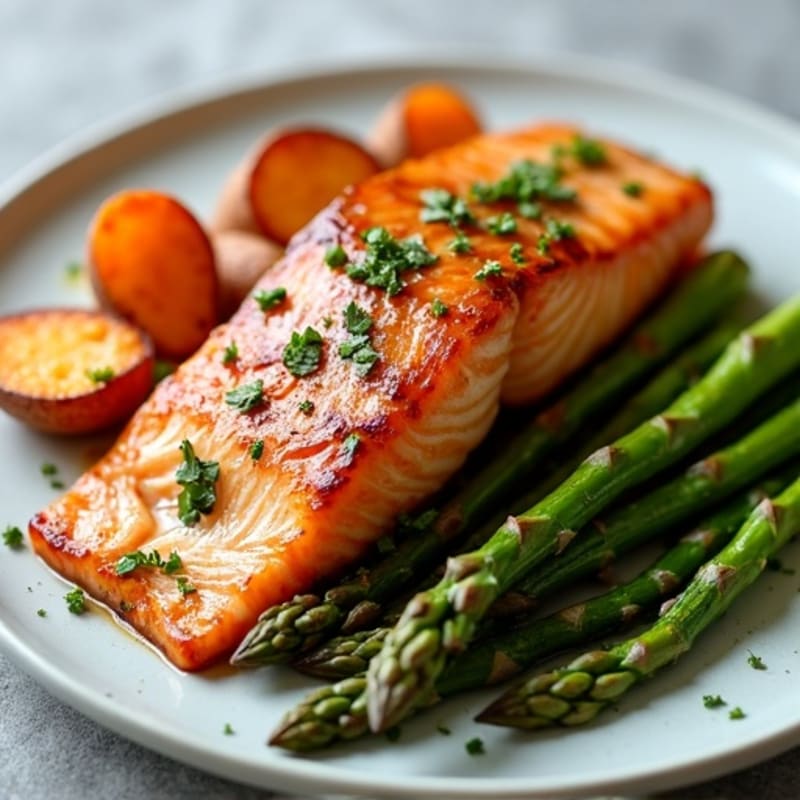 Maple-Glazed Salmon with Roasted Asparagus and Crispy Sweet Potatoes