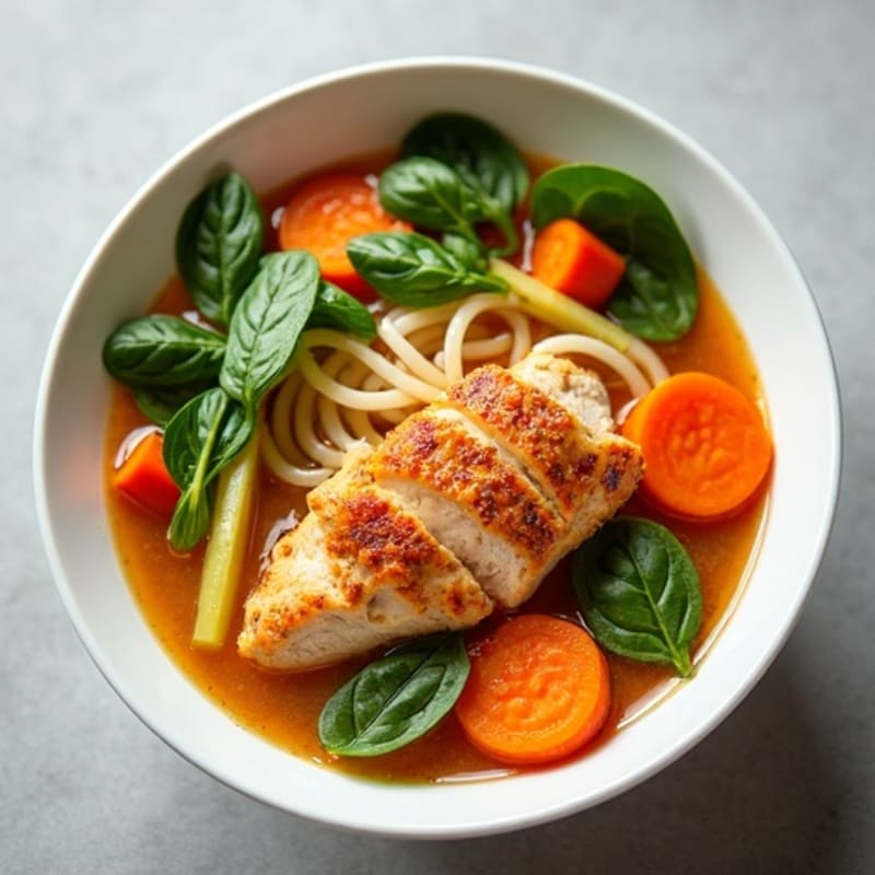 Spicy Sriracha Chicken and Fresh Vegetable Noodle Soup
