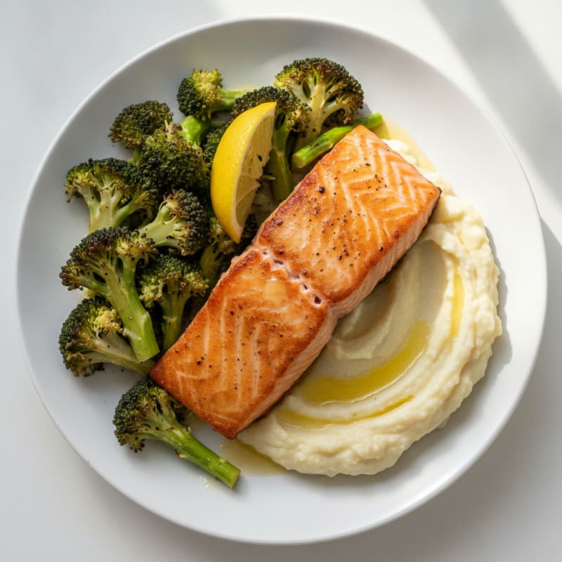 Seared Salmon Fillet with Roasted Broccoli and Garlic Mashed Cauliflower