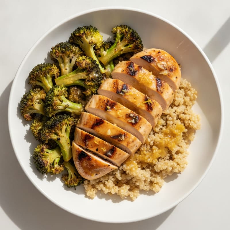 Grilled Lemon-Garlic Chicken Bowl with Quinoa and Roasted Broccoli