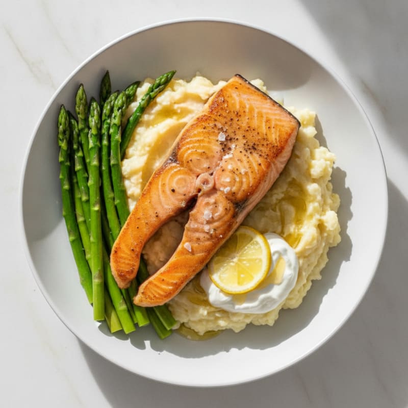 Seared Salmon Fillet with Steamed Asparagus and Cauliflower Mash