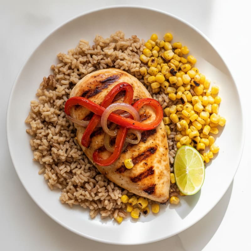 Grilled Chicken Breast with Brown Rice and Roasted Corn