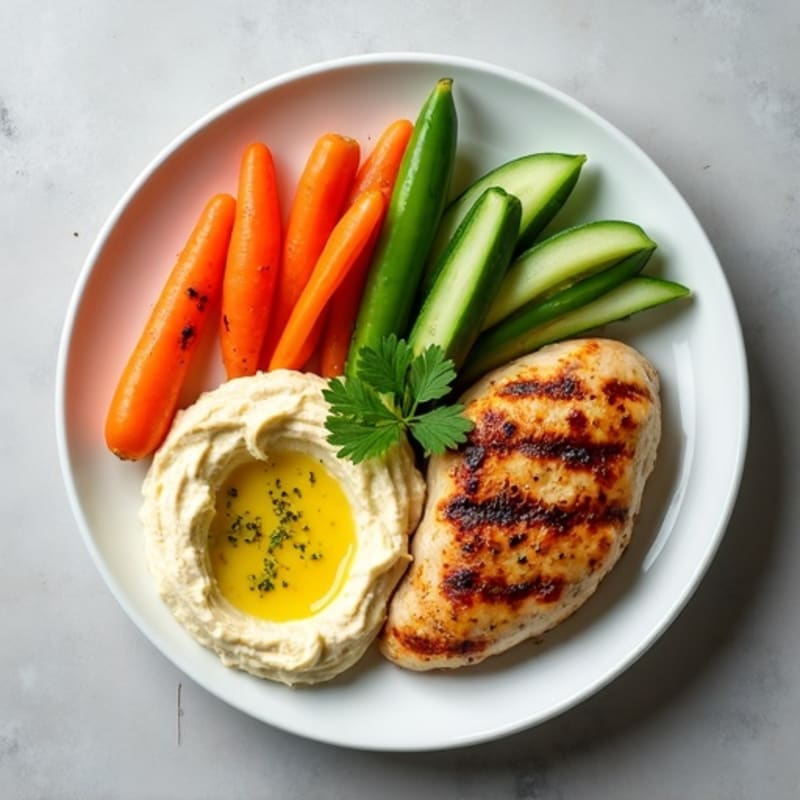 Creamy Lemon Garlic Hummus with Fresh Crispy Vegetables and Herb-Marinated Grilled Chicken