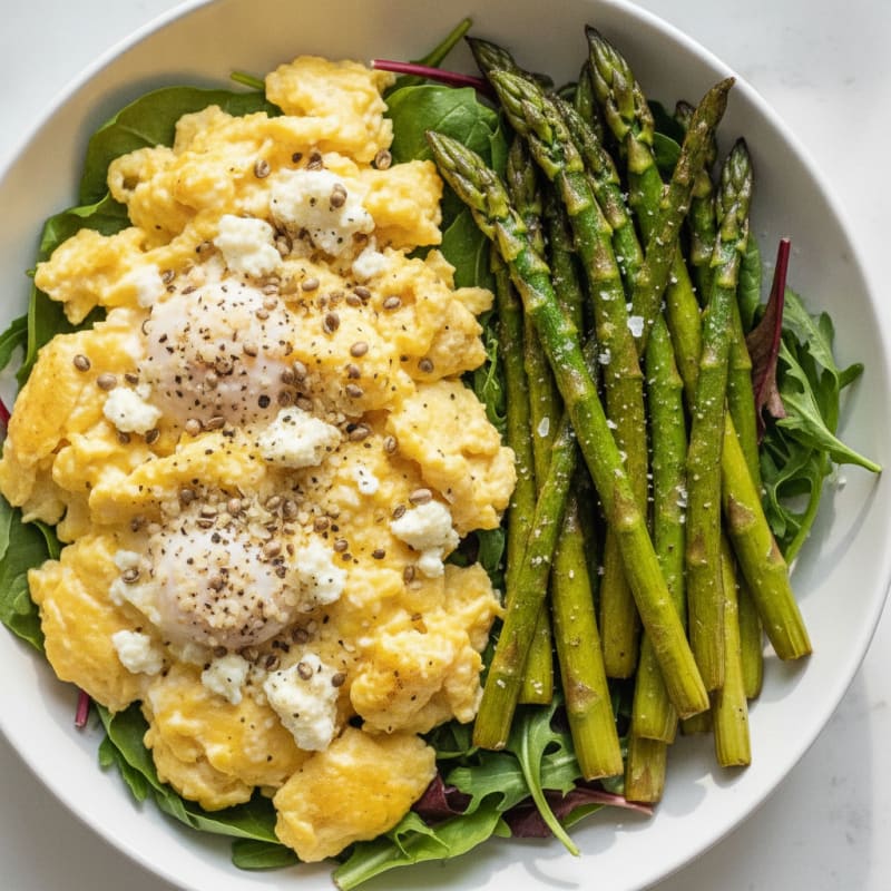 Goat Cheese Scrambled Eggs with Roasted Asparagus