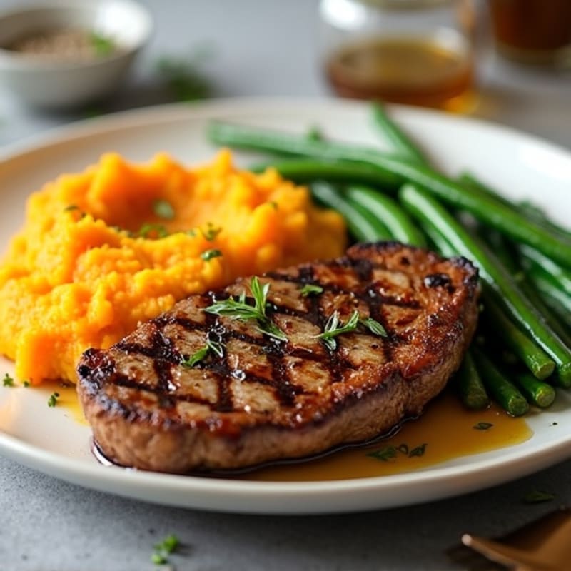Grilled Sirloin Steak with Garlic Green Beans and Sweet Potato Mash
