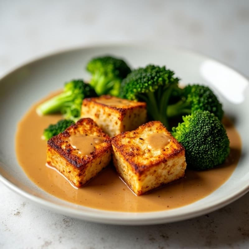 Crispy Tofu with Roasted Broccoli and Peanut Sauce