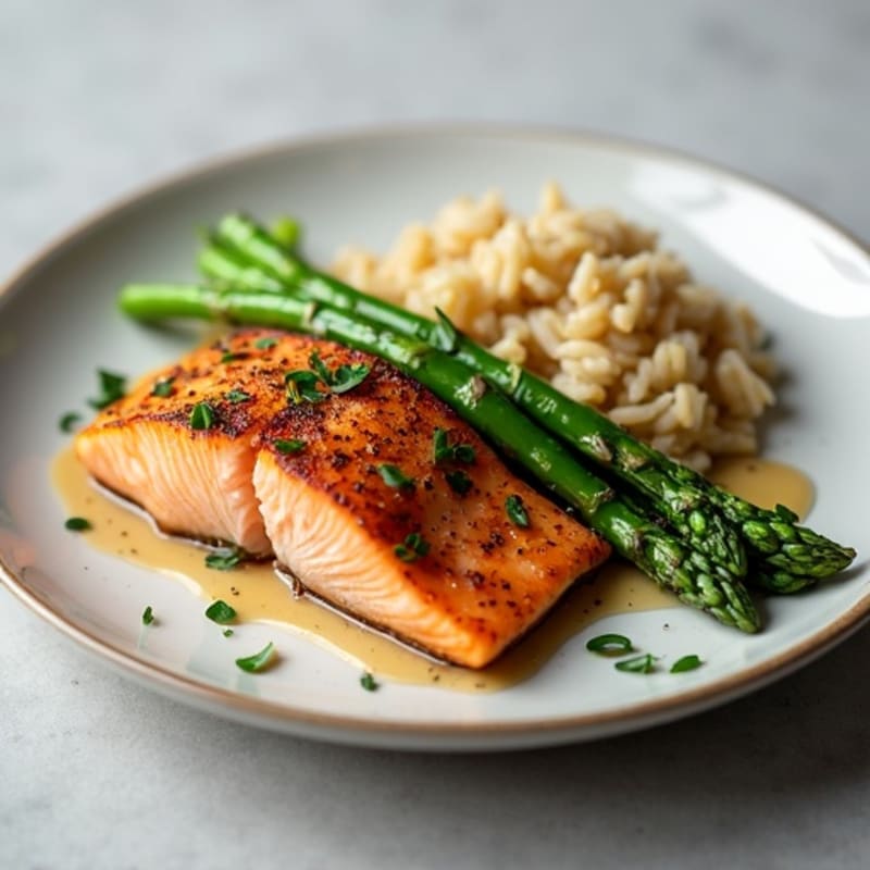 Seared Salmon with Steamed Asparagus and Brown Rice