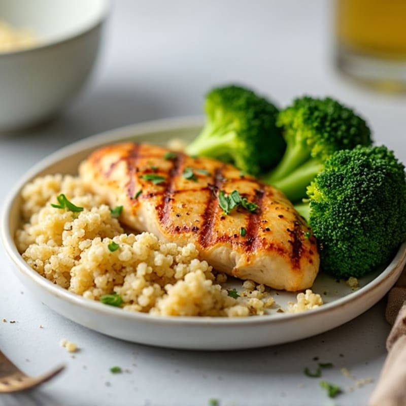 Grilled Lemon-Garlic Chicken Breast with Quinoa and Steamed Broccoli
