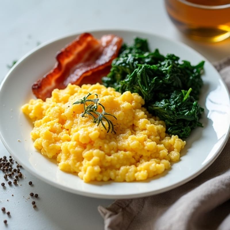 Scrambled Eggs with Crispy Turkey Bacon and Sautéed Spinach