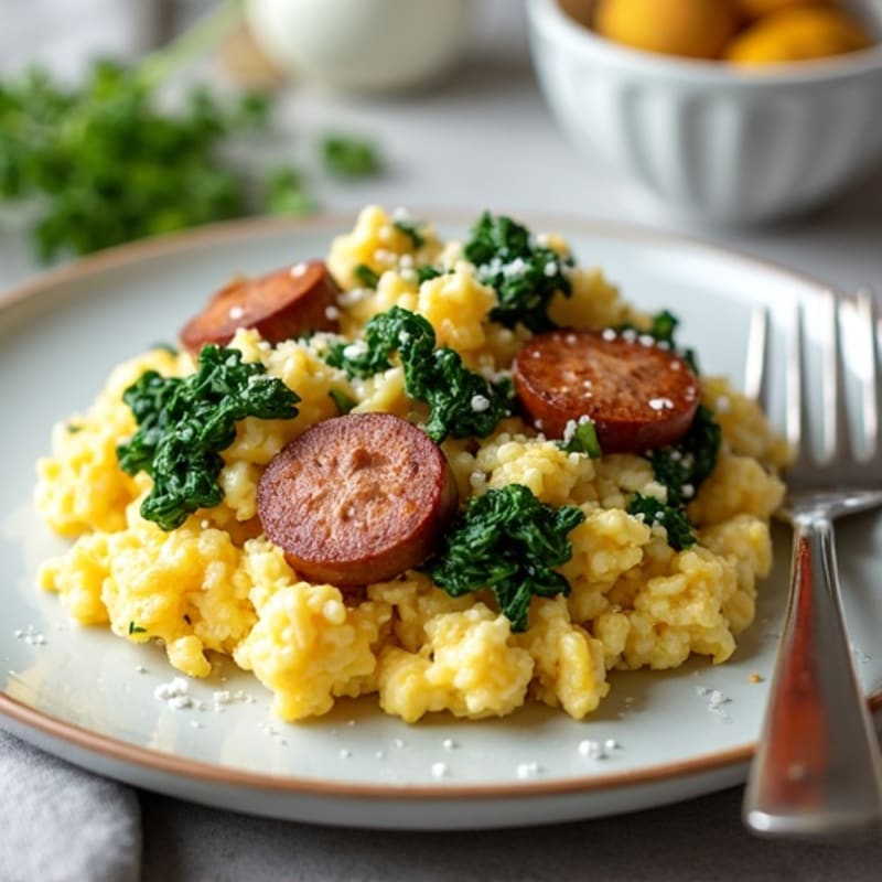 Egg White and Chicken Sausage Scramble with Spinach
