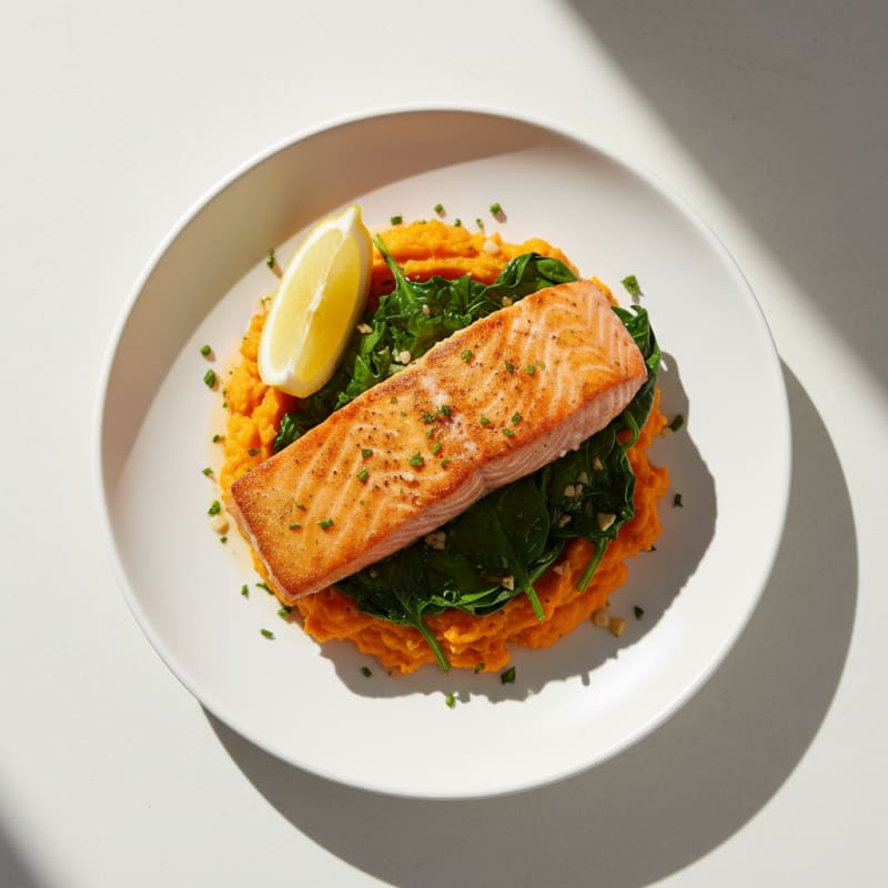 Seared Salmon with Garlic Sautéed Spinach and Sweet Potato Mash