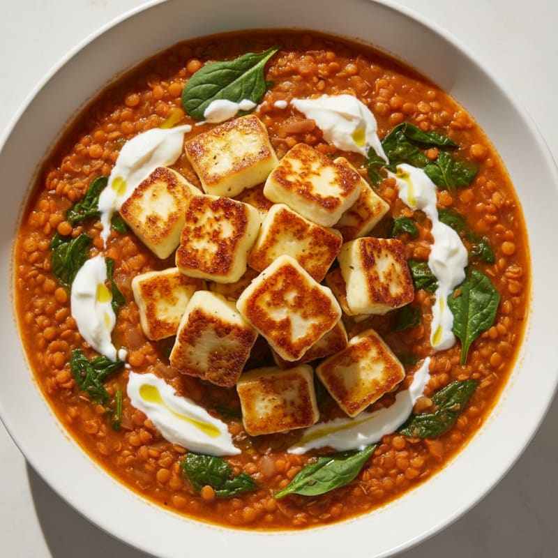 Creamy Lentil and Spinach Stew with Seared Halloumi