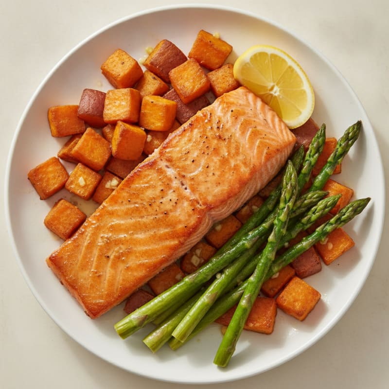 Seared Salmon with Roasted Sweet Potato and Asparagus