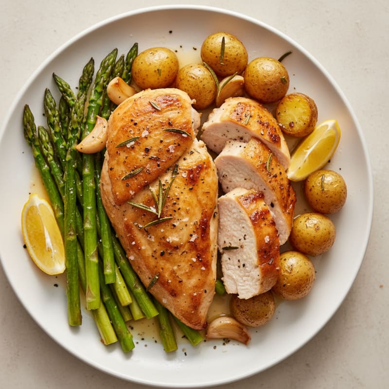 Crispy Lemon-Herb Roasted Chicken with Asparagus