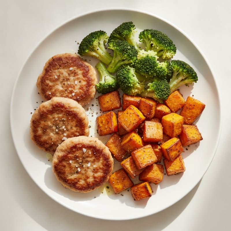Seared Turkey Patties with Roasted Sweet Potato and Steamed Broccoli