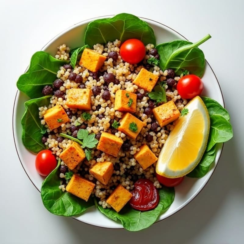 Lentil and Quinoa Salad with Crispy Tofu and Spinach